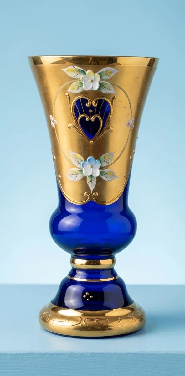 Vaso Vintage Cristal de Bohemia Azul Cobalto y Oro