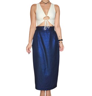 Falda larga azul y dorada