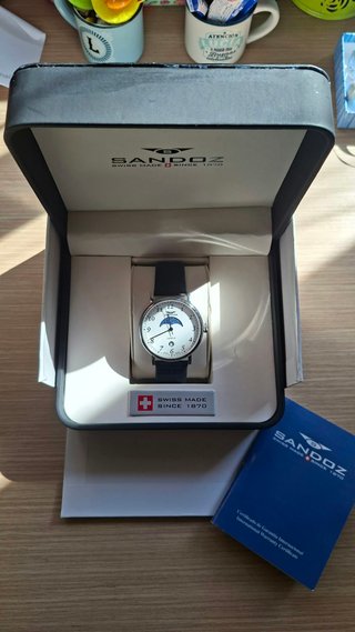 Reloj Sandoz, fase lunar, cuarzo suizo, acero 38mm