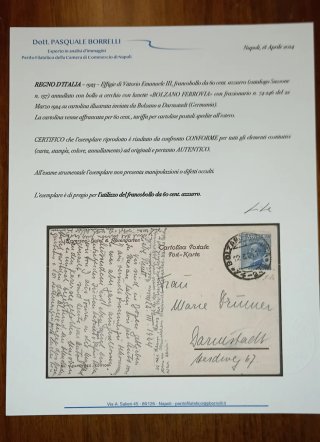 Cartolina 1923 60 cent. Azzurro Bolzano Ferrovia