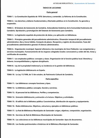 Temario actual Auxiliares de Bibliotecas Santander
