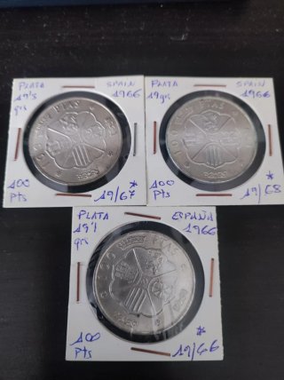 Lote 3 Monedas de Plata 100 Pesetas 1966