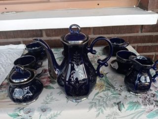 Juego de café porcelana baño plata