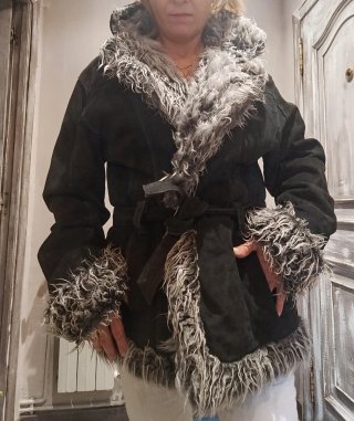 Abrigo de Ante Negro con Pelo Talla L
