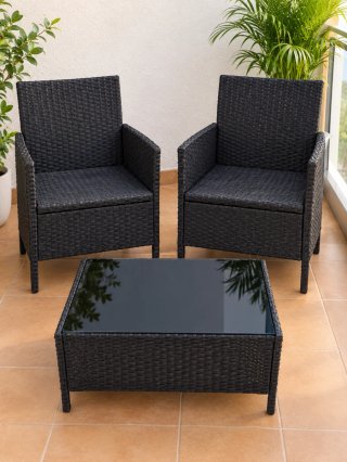 Mesa y 2 Sillas Jardín Mimbre Negro