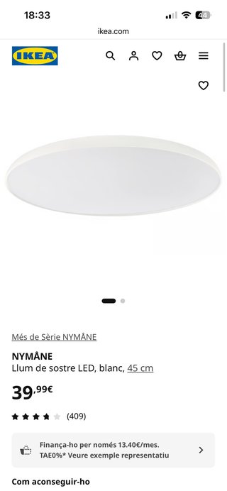 Lámpara Techo LED NYMÅNE Ikea Blanca 45cm