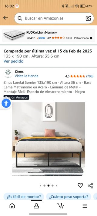 Cama y Colchón Zinus 135x190cm. Sin estrenar