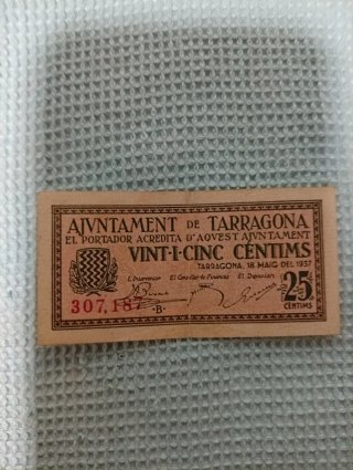 Billete 25 Céntimos Ayuntamiento Tarragona 1937