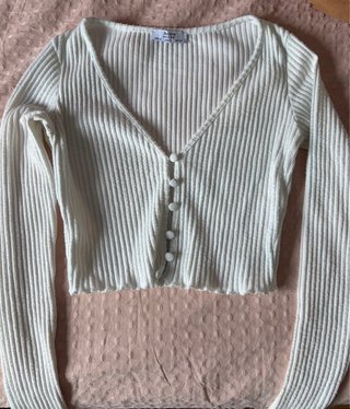 Top Manga Larga Abotonado Bershka Blanco