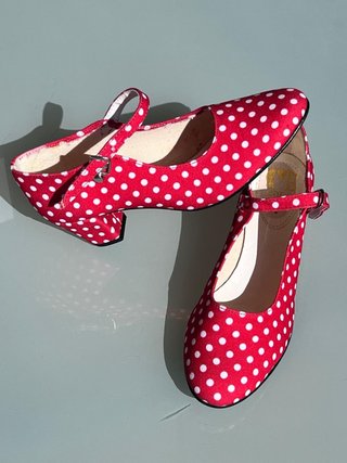 Zapatos Flamenca Feria Rojos Topos Blancos T.36