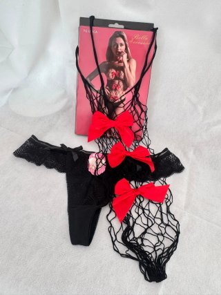 Conjunto de Lencería Negro con Lazos Rojos