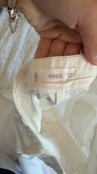 Pantalón MNG Lino Talla S Beige Blanco