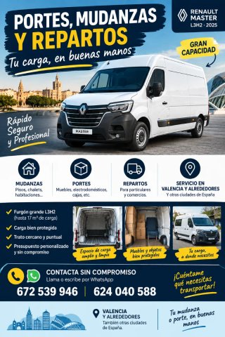 PORTES Y MUDANZAS EN VALENCIA  FURGÓN GRANDE L3 H2