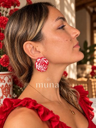 Pendientes y anillo flor gitana Claveles flamenca