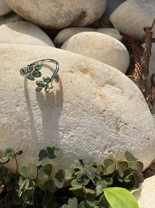 Anillo Plata 925 Hojitas Cristal Verde Ajustable