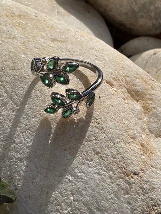 Anillo Plata 925 Hojitas Cristal Verde Ajustable