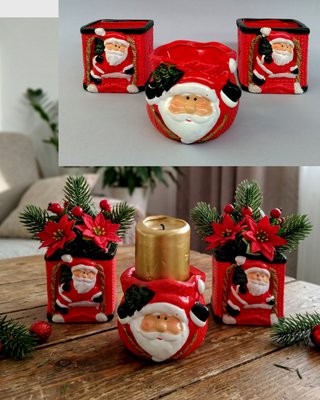 Set 3 Portavelas Cerámica Roja Papá Noel Navidad