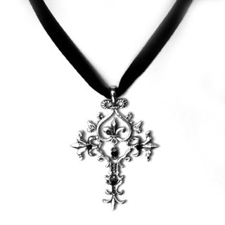 Gargantilla Gótica Terciopelo Cruz Plata Tibetana