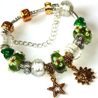 Pulsera Estilo Pandora Charms Verdes Dorados Lujo