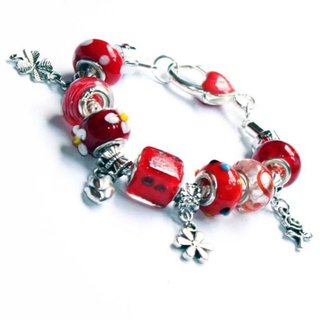 Pulsera Niñas Cuentas rojas Flores Coqueta