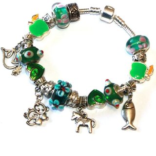 Pulsera Verde Charms Animales Naturaleza Plateada