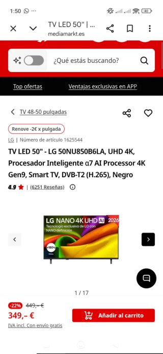 Smart TV LG NANO 4K UHD 50 pulgadas