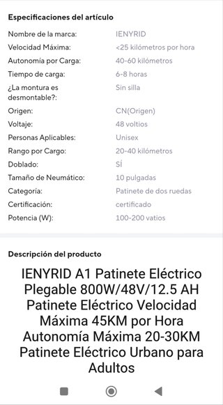 Patinete Eléctrico IENYRID A1 Plegable