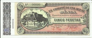 Facsímil Billete 5 Pesetas Dénia 1936 Guerra Civil