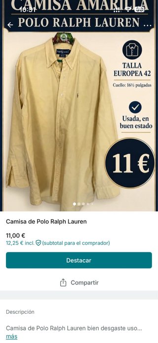 Camisa Polo Ralph Lauren Amarilla Talla 42