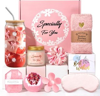 Set regalo rosa para mujer con vaso y accesorios