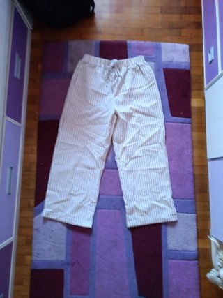 Pantalón lino rayas beige/blanco