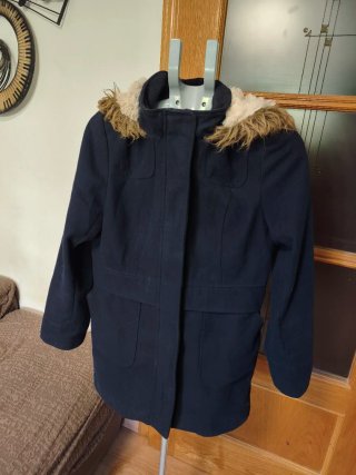 Abrigo de paño azul con capucha L/XL