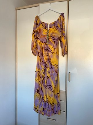 Vestido largo morado y amarillo