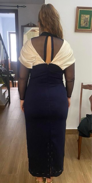 Vestido de fiesta midi azul y crema