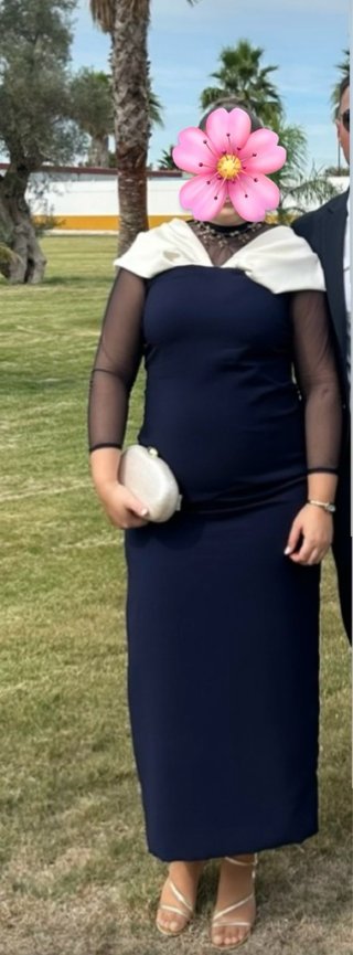 Vestido de fiesta midi azul y crema
