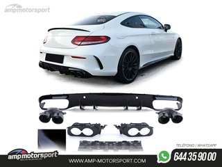 DIFUSOR TRASERO NEGRO BRILLO CON COLAS REDONDAS NEGRAS PARA MERCEDES CLASE C COUPE C205