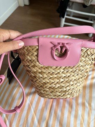 Borsa Pinko in paglia e pelle rosa