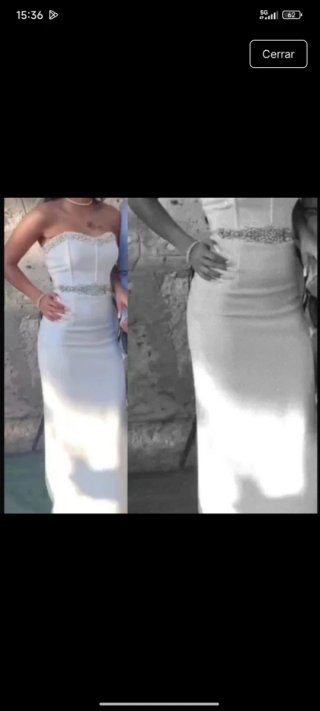 Vestido blanco largo con cinturon de pedrería