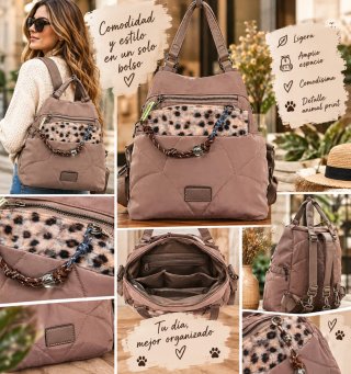 Bolso Mochila Marrón con Detalle Animal Print