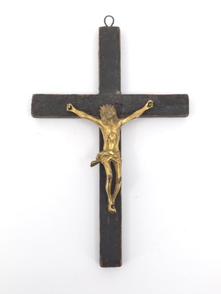 Antico Crocifisso Bronzo Croce Legno Epoca 700