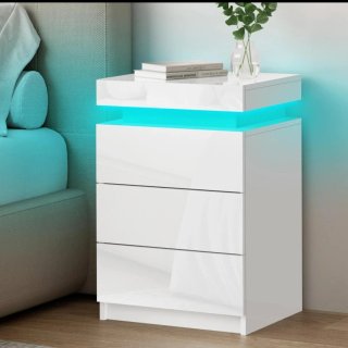 Mesita de noche blanca LED, 3 cajones – NUEVA