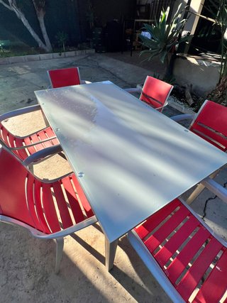 Mesa y 6 Sillas Exterior Cristal y Metal
