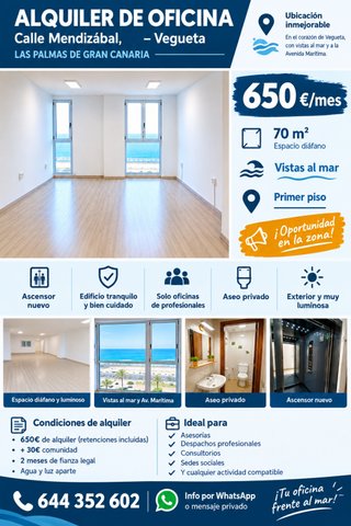 Oficina de 70 m2, diáfana, exterior en Vegueta
