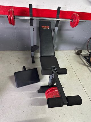 Banco Weider PRO 445 con barra y pesas 70kg