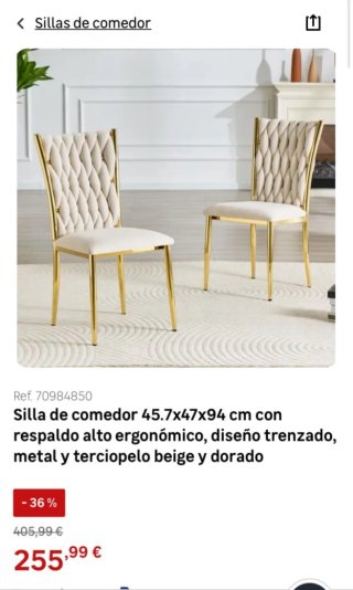 2 Sillas Comedor Terciopelo Beige y Dorado