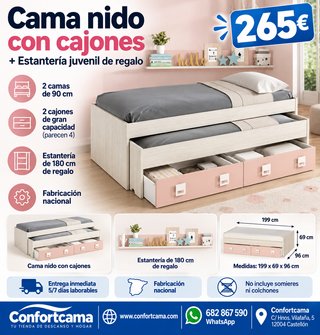Cama Nido con Cajones y Estantería