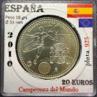 Moneda 20 Euros Plata España Campeones 2010