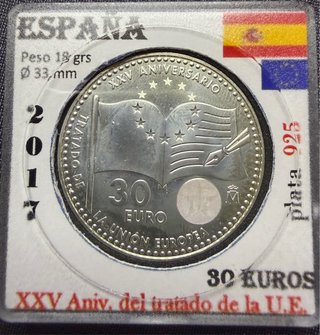 Moneda Plata 30 Euros XXV Aniversario Tratado UE