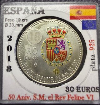Moneda Plata 30 Euros Felipe VI 2018
