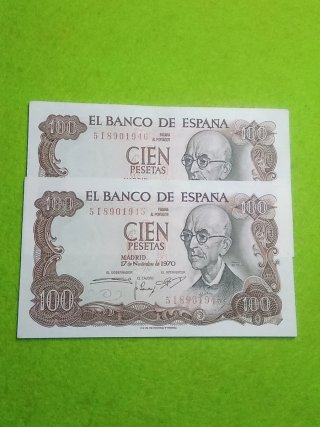 Pareja 2 Billetes de 100 Pesetas (1970) consecutiv